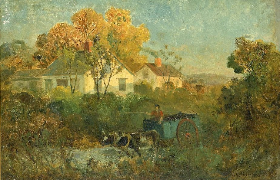 Edward Mitchell Bannister The Drinking Pool (man in cart with oxen at pool)